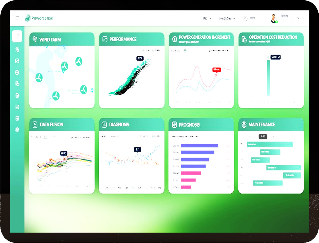 PS.Wind dashboard on a tablet, showing wind farm performance, power generation, data fusion, diagnosis, prognosis and maintenance panels